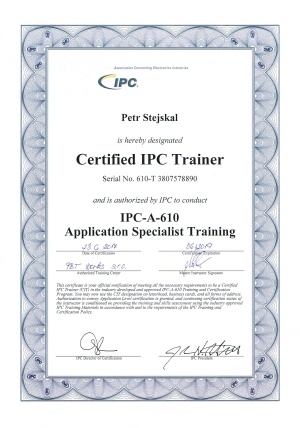Certifikát ze školení IPC-A-610 - Petr Stejskal školitel Benešov